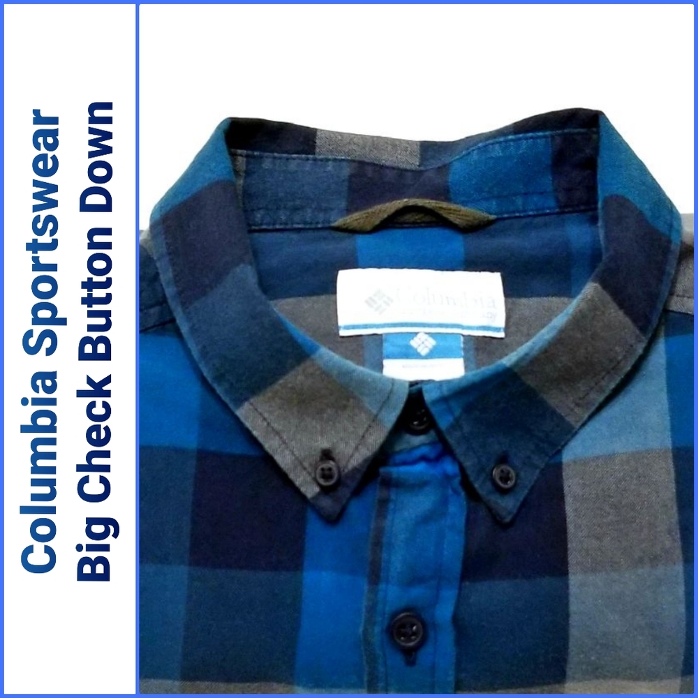 Columbia Blue/Grey Big Check Button Down Sz Large